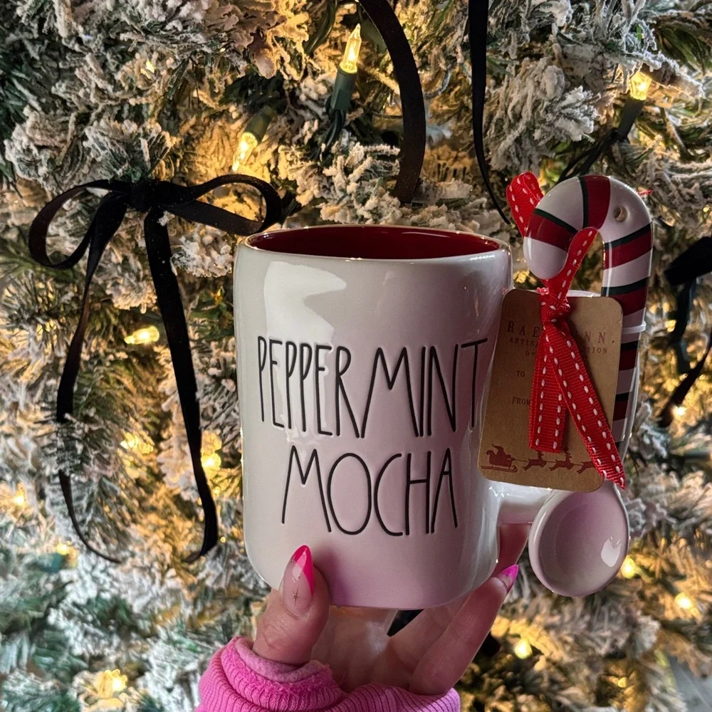 Rae Dunn Peppermint Mocha Christmas Mug Red Interior Candy Cane Spoon NWT